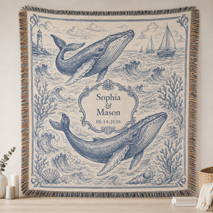Personalized coastal whale wedding woven blanket with couple names and wedding date
