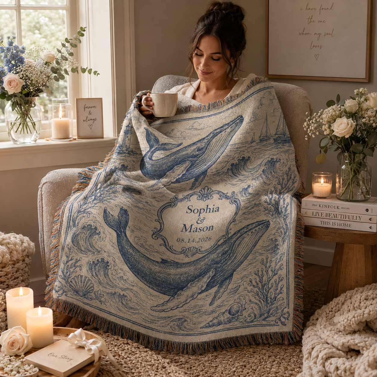 Personalized coastal whale wedding woven blanket used in a cozy reading nook