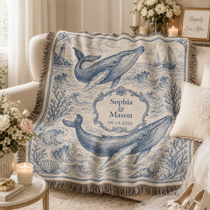 Personalized coastal whale wedding woven blanket softly draped on a neutral sofa