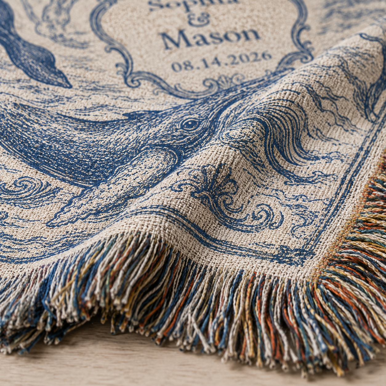 Macro detail of coastal whale wedding woven blanket showing woven yarn texture and multicolor fringe