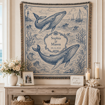 Personalized coastal whale wedding woven blanket displayed as elegant wall decor