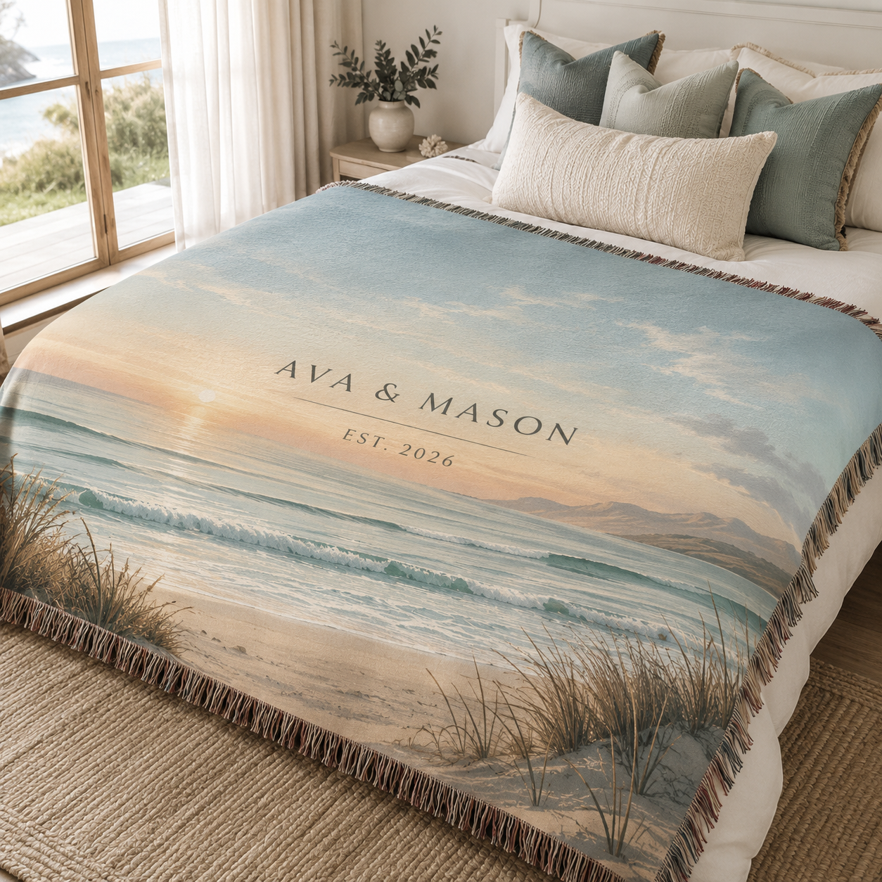 Personalized coastal woven blanket with couple names and established year displayed on a bed