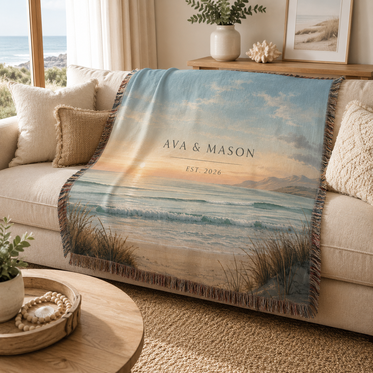 Custom couple name coastal woven blanket styled on a sofa