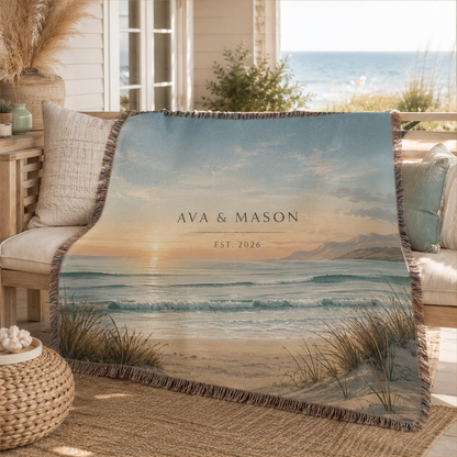 Custom couple coastal woven blanket displayed in a sunlit beach house porch setting