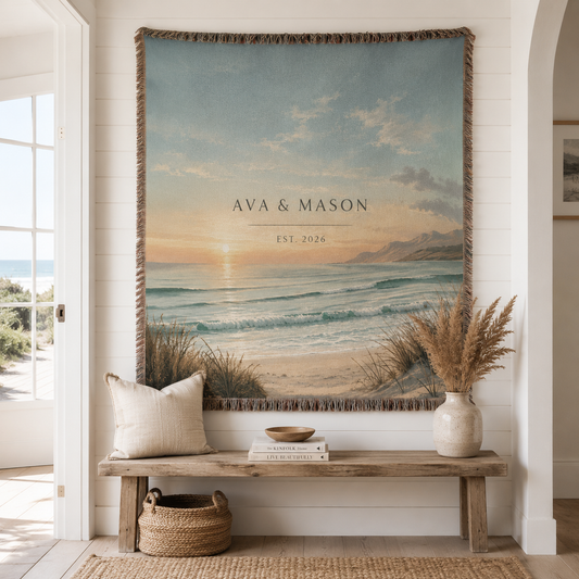 Personalized ocean sunrise woven tapestry with names and year displayed as wall decor