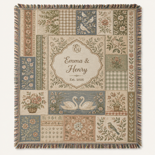 Personalized cottagecore wedding woven blanket with floral patchwork, swans, custom couple names and year