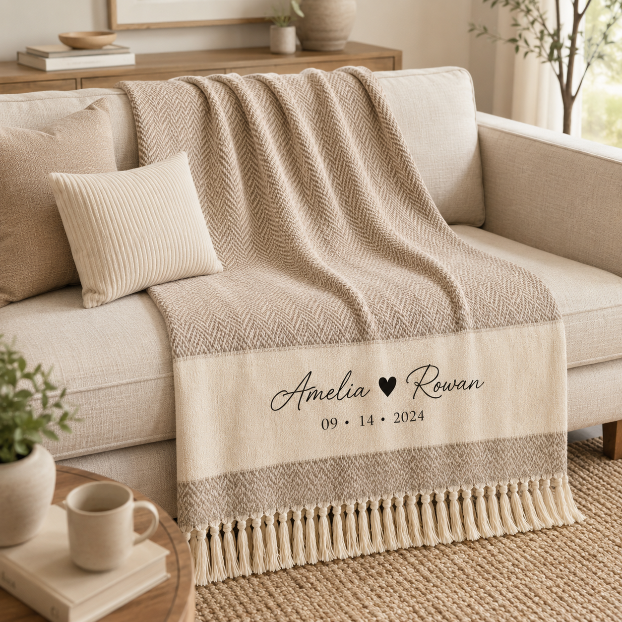 Personalized couple names and date woven throw blanket styled across a modern beige sofa