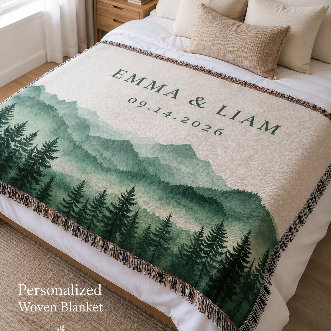 Personalized couple woven blanket displayed on a cozy bedroom bed