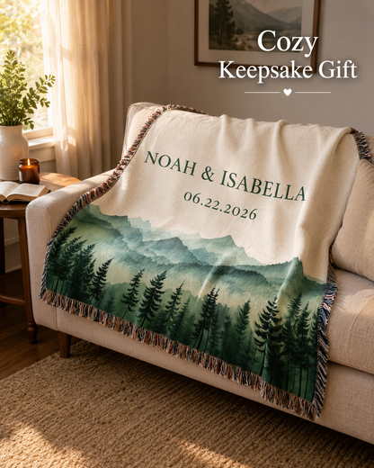 Personalized couple woven blanket draped on a cozy sofa as a keepsake gift