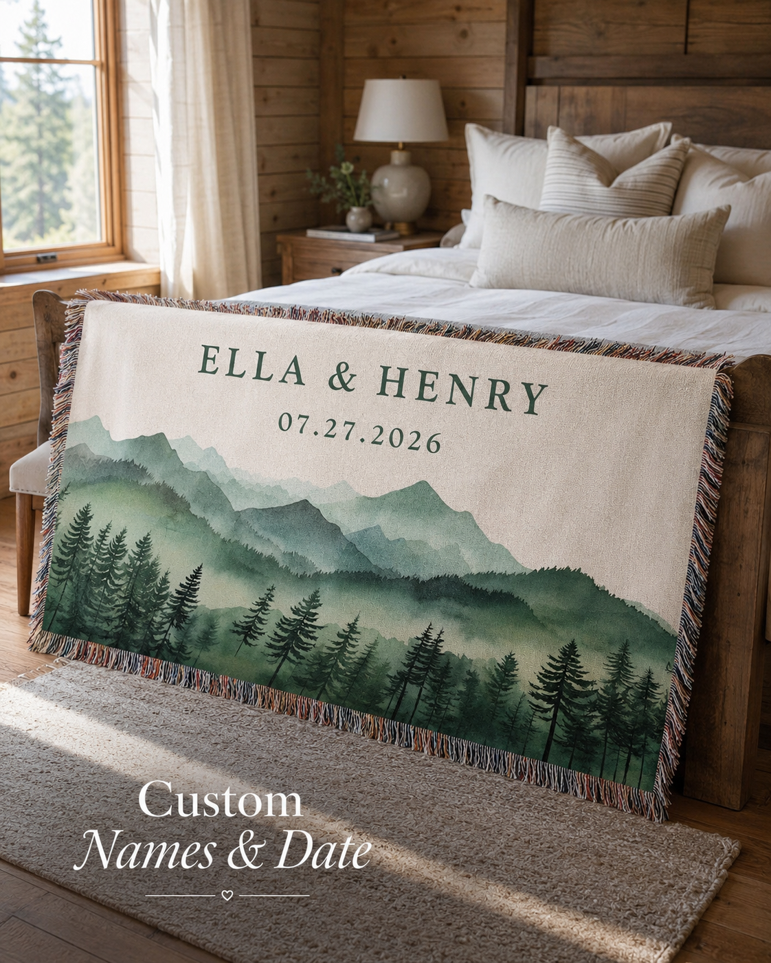 Personalized couple woven blanket with custom names and date on a rustic bedroom bed