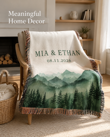 Personalized couple woven blanket draped on an accent chair as meaningful home decor