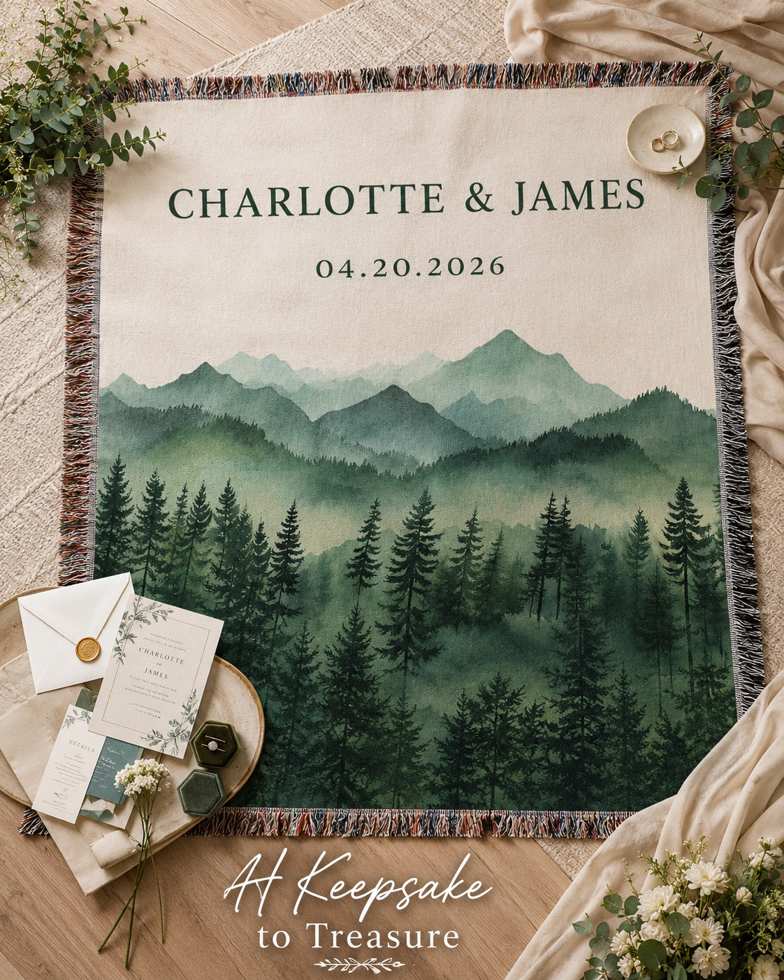 Personalized couple woven blanket flat lay with wedding stationery and greenery