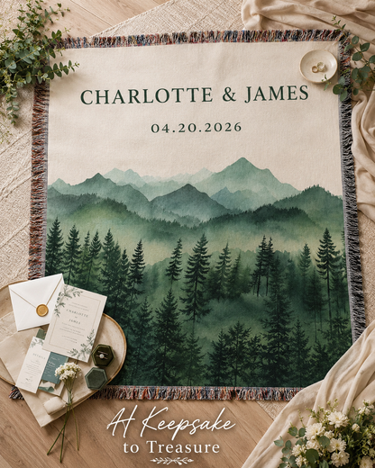 Personalized couple woven blanket flat lay with wedding stationery and greenery