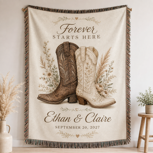 Personalized western wedding woven blanket with cowboy boots, couple names and wedding date