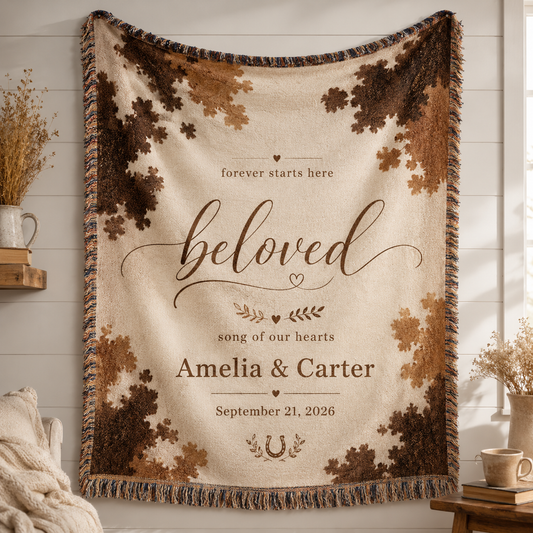 Personalized cowhide wedding woven blanket with custom couple names and date, beloved western design and multicolor fringe