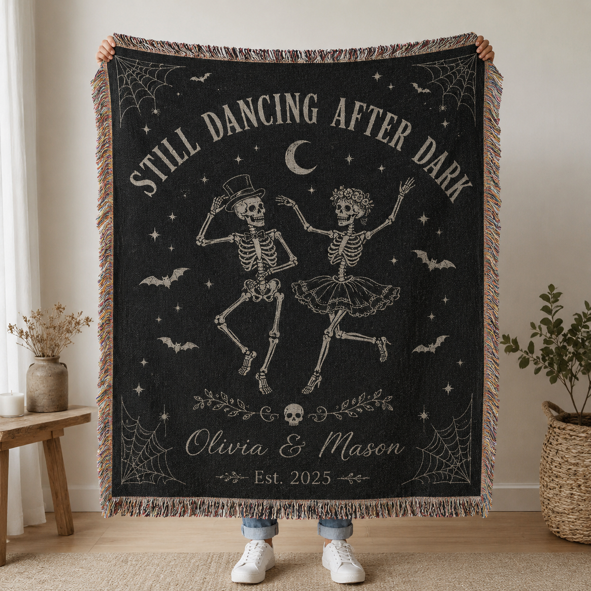 Personalized dancing skeleton couple Halloween woven blanket with custom names and year