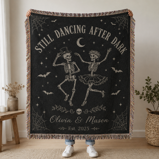 Personalized dancing skeleton couple Halloween woven blanket with custom names and year
