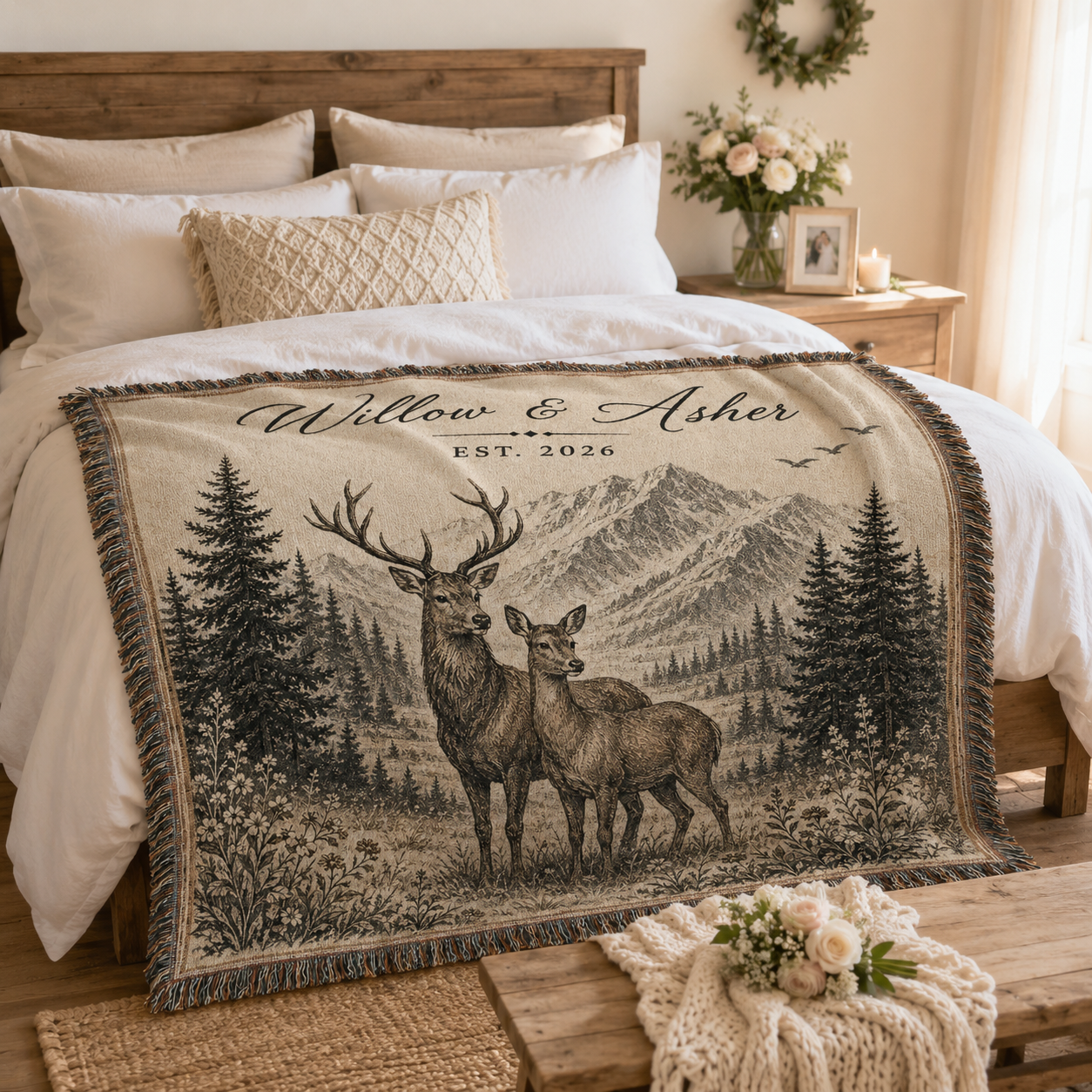 Personalized deer mountain woven blanket styled on a romantic bedroom bed