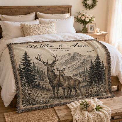 Personalized deer mountain woven blanket styled on a romantic bedroom bed
