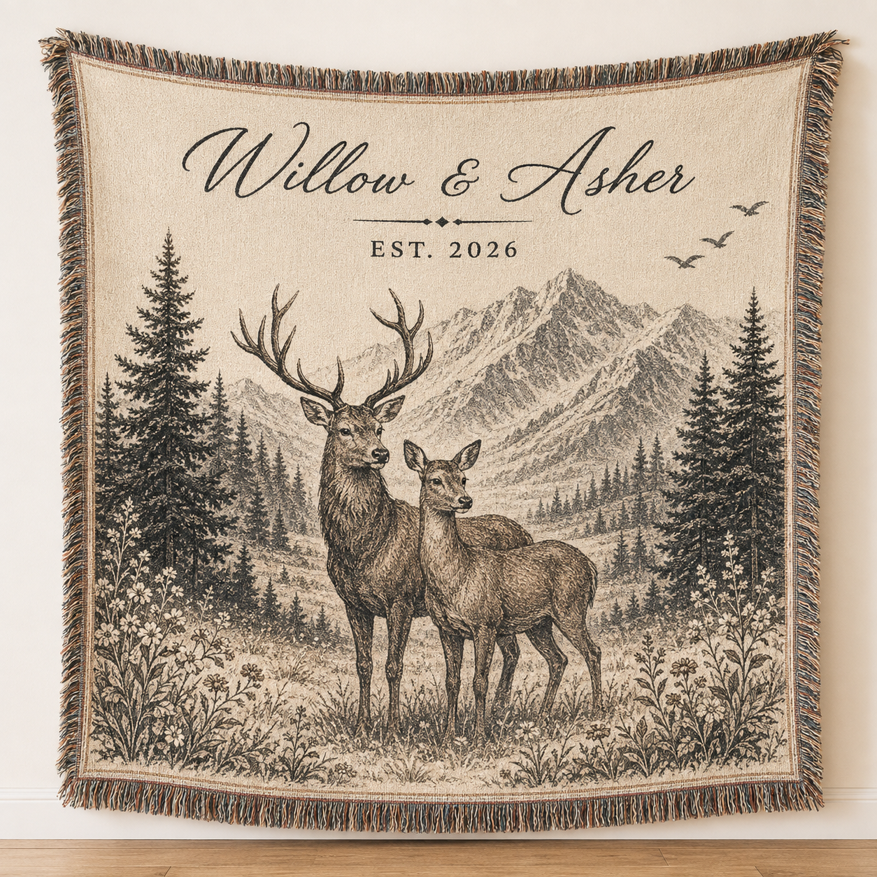 Personalized deer wedding woven blanket with Willow and Asher, Est. 2026, mountain forest design
