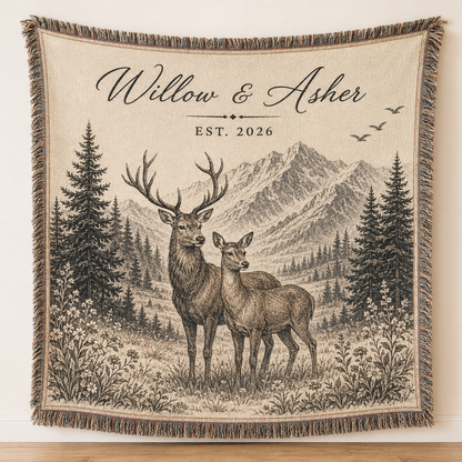 Personalized deer wedding woven blanket with Willow and Asher, Est. 2026, mountain forest design