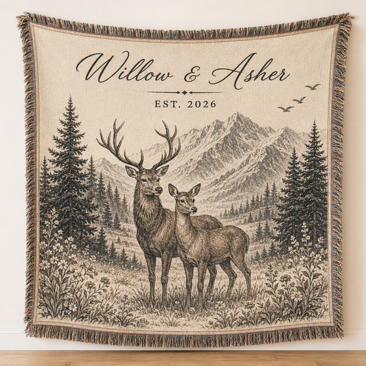 Personalized deer wedding woven blanket with Willow and Asher, Est. 2026, mountain forest design