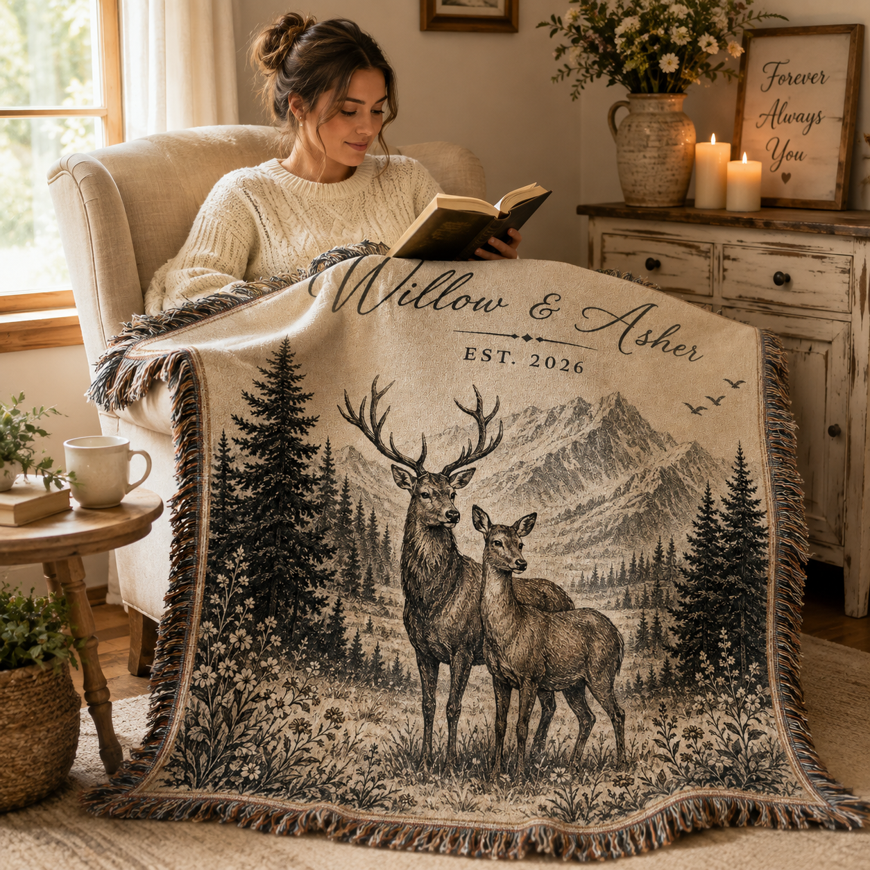 Woman reading with personalized Willow and Asher deer woven blanket in a cozy reading nook
