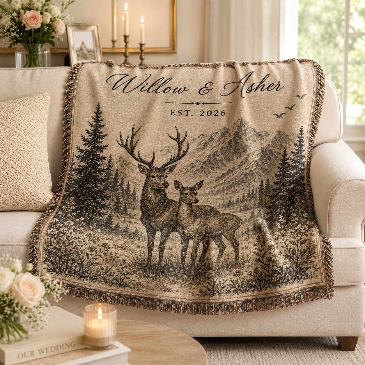 Personalized Willow and Asher deer woven blanket softly draped on a cream sofa