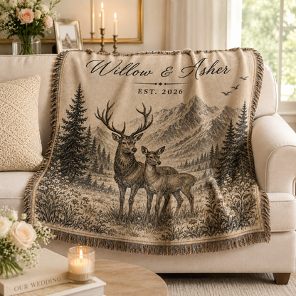 Personalized Willow and Asher deer woven blanket softly draped on a cream sofa