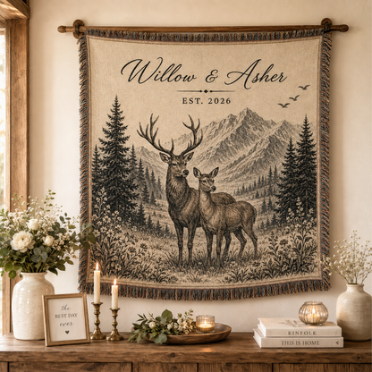 Personalized deer mountain woven blanket displayed as rustic wedding wall decor