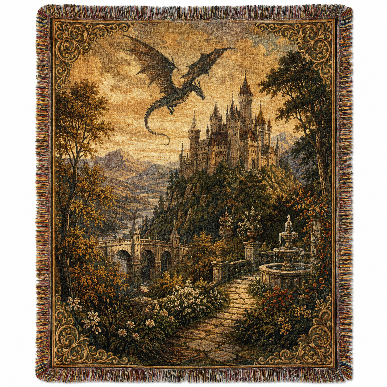 Personalized medieval fantasy dragon castle woven blanket with ornate border and fringe