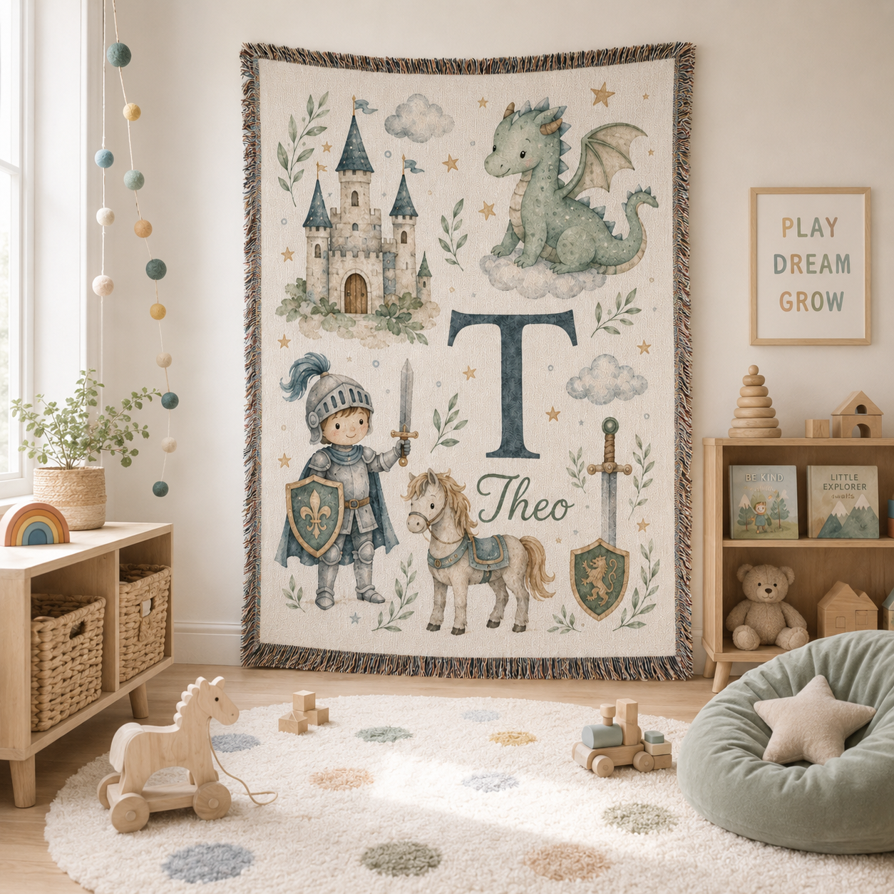 Personalized dragon and knight woven tapestry blanket styled in a bright playroom
