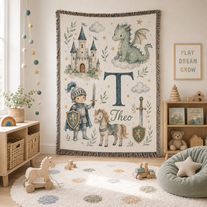 Personalized dragon and knight woven tapestry blanket styled in a bright playroom
