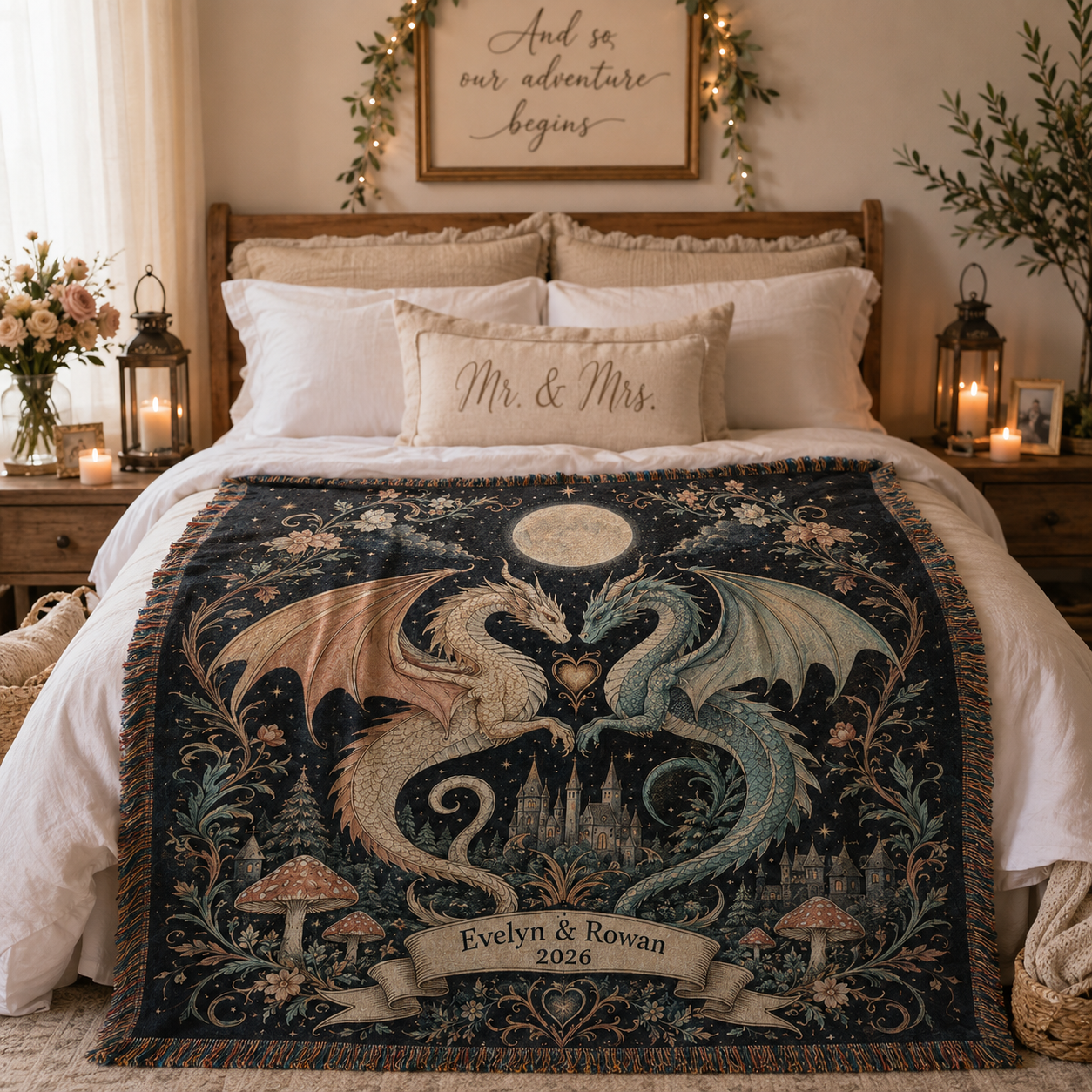 Personalized dragon wedding woven blanket styled across a romantic bedroom