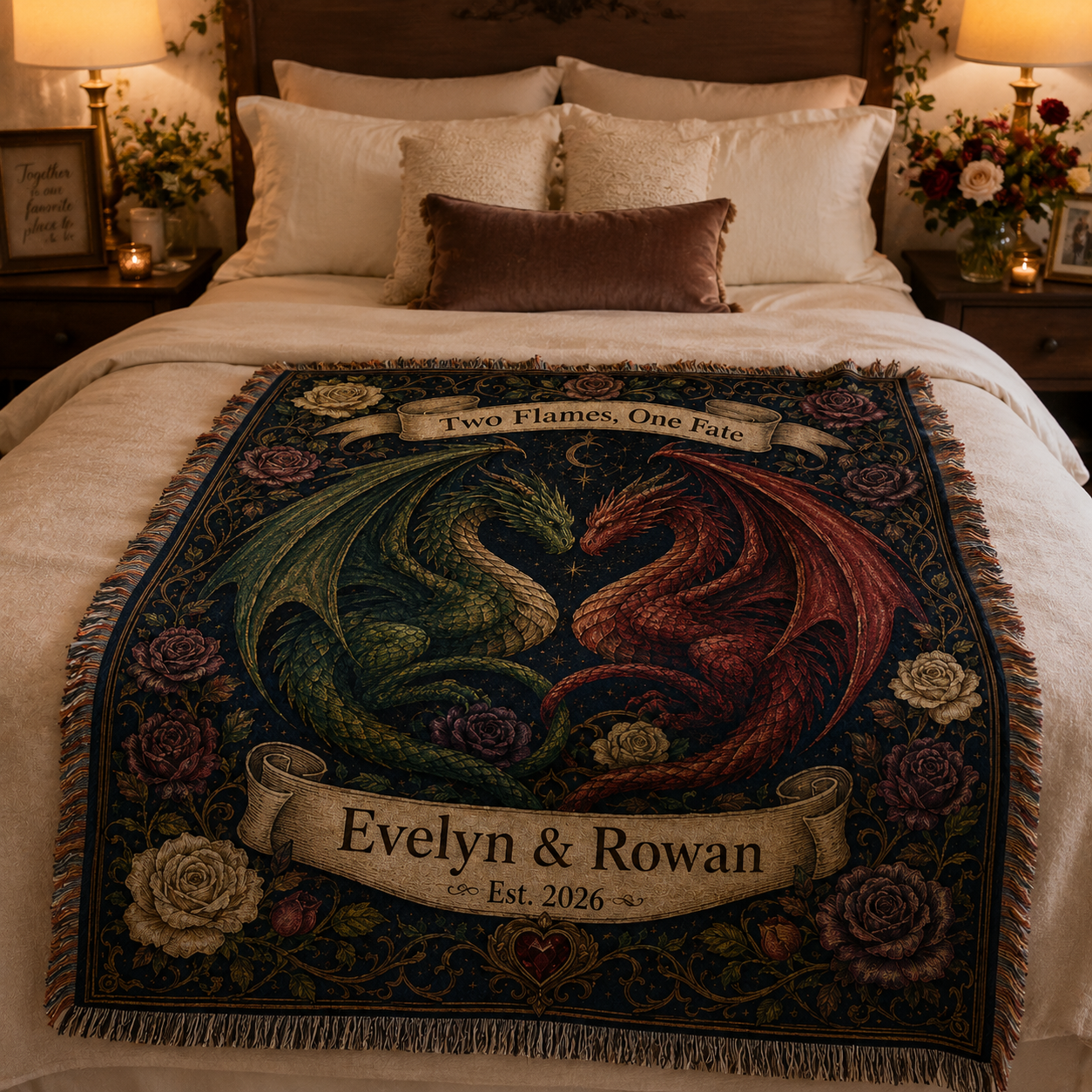Personalized dragon wedding woven blanket styled across a romantic bedroom bed