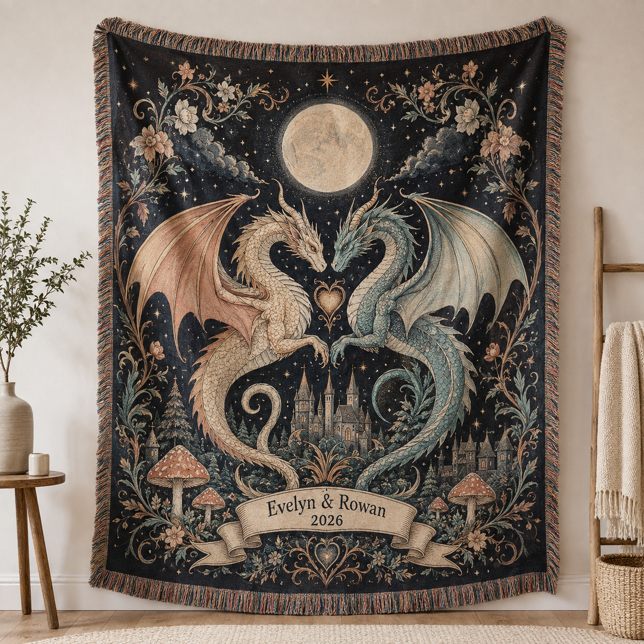 Personalized dragon wedding woven blanket with custom couple names and year