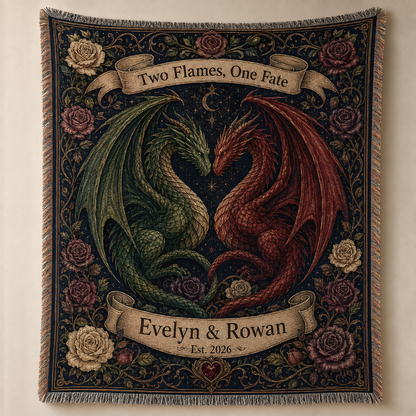 Personalized dragon wedding woven blanket with custom couple names and year