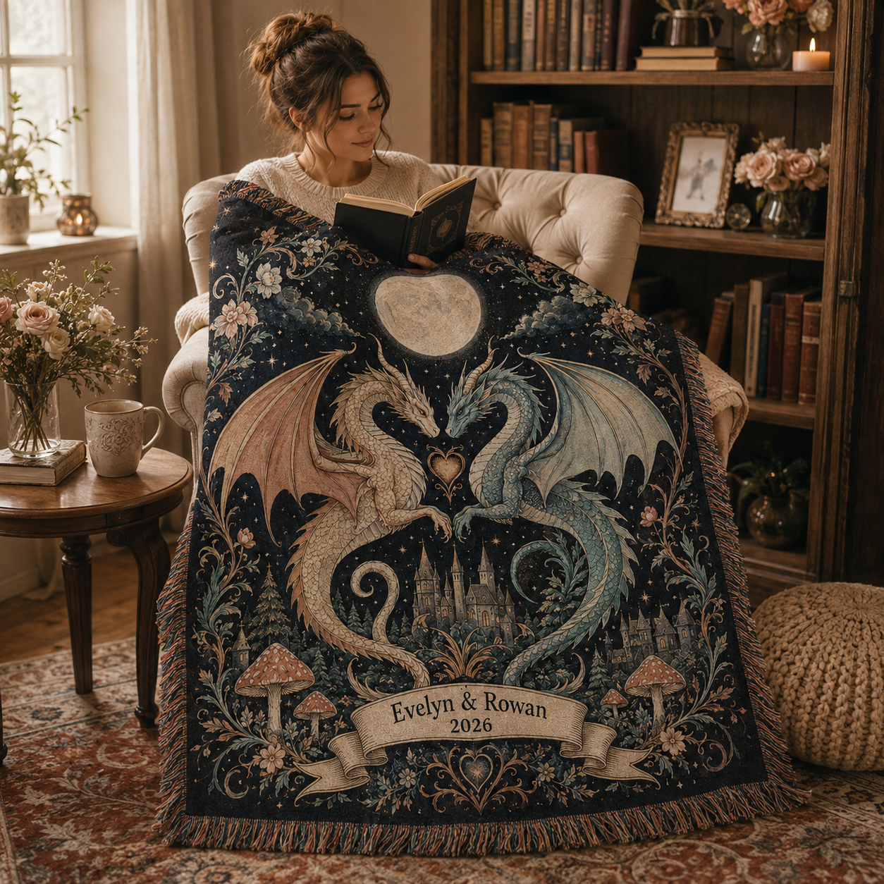 Personalized dragon wedding woven blanket in a cozy reading nook