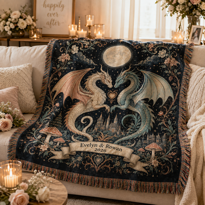 Personalized fantasy dragon wedding woven blanket softly draped on a sofa