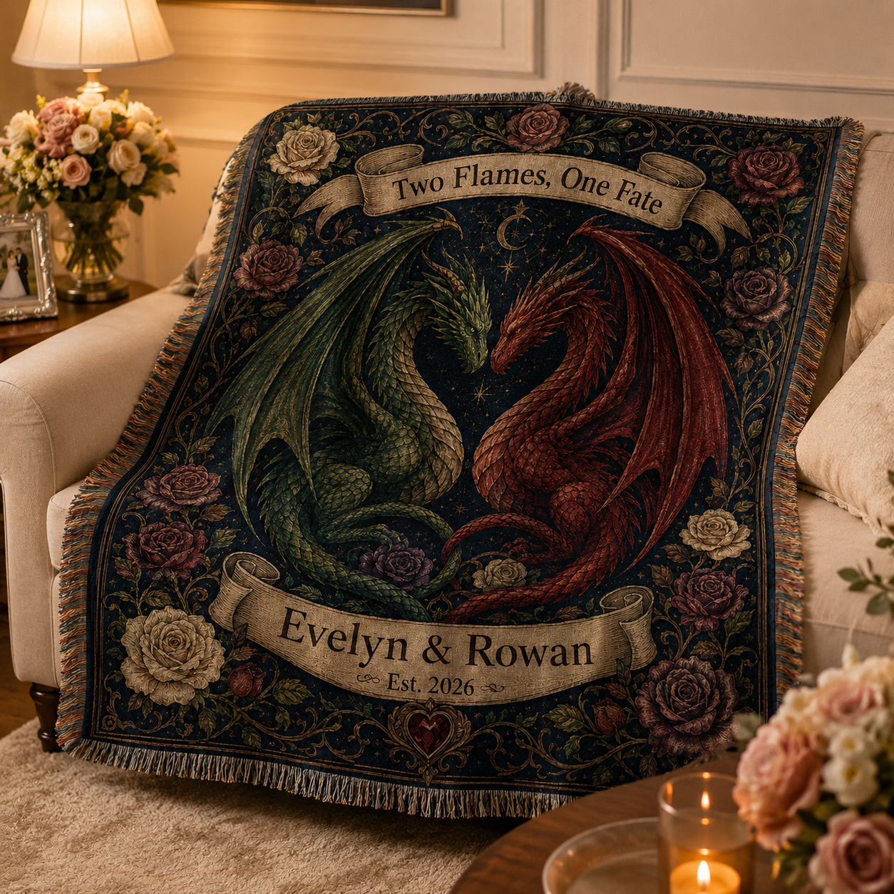 Personalized dragon wedding woven blanket softly draped on a sofa
