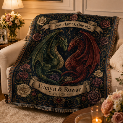 Personalized dragon wedding woven blanket softly draped on a sofa