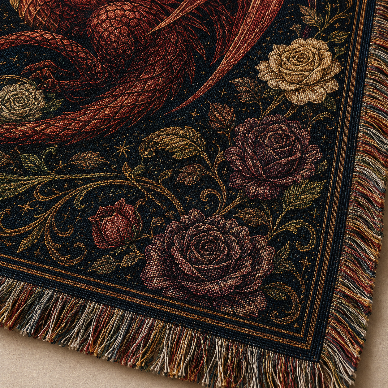 Macro woven texture and multicolor fringe detail of dragon wedding blanket