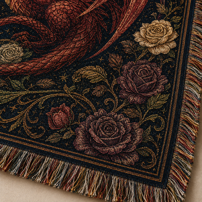 Macro woven texture and multicolor fringe detail of dragon wedding blanket