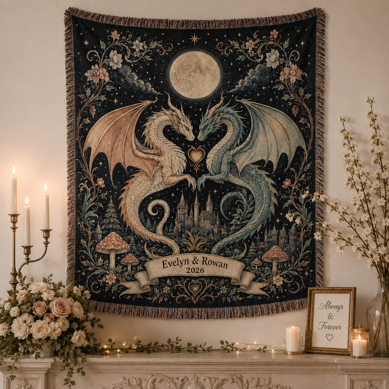 Personalized dragon wedding woven blanket displayed as fantasy wall decor