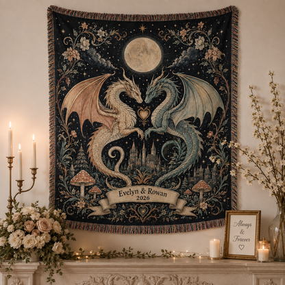 Personalized dragon wedding woven blanket displayed as fantasy wall decor