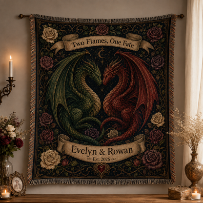 Personalized dragon wedding woven blanket displayed as fantasy wall decor