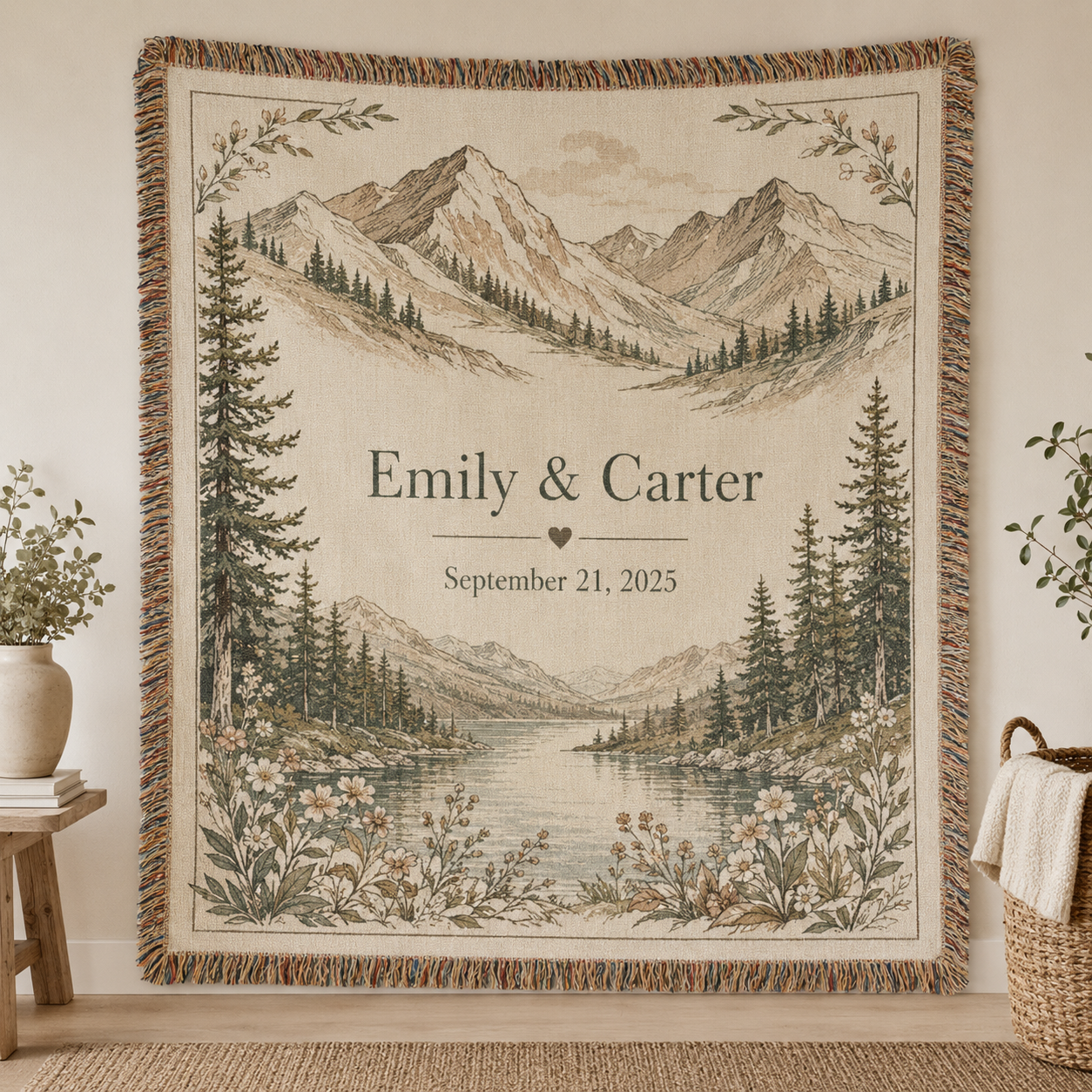 Personalized Emily and Carter mountain wedding woven blanket with alpine lake, wildflowers and fringe