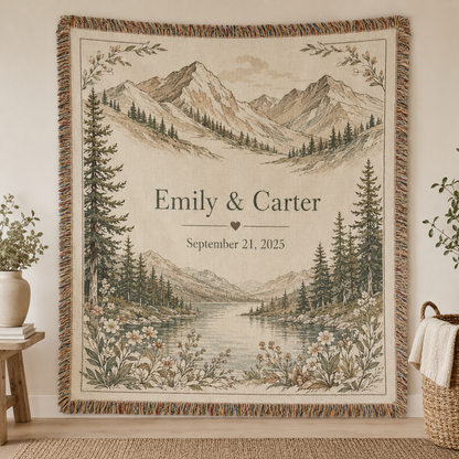 Personalized Emily and Carter mountain wedding woven blanket with alpine lake, wildflowers and fringe