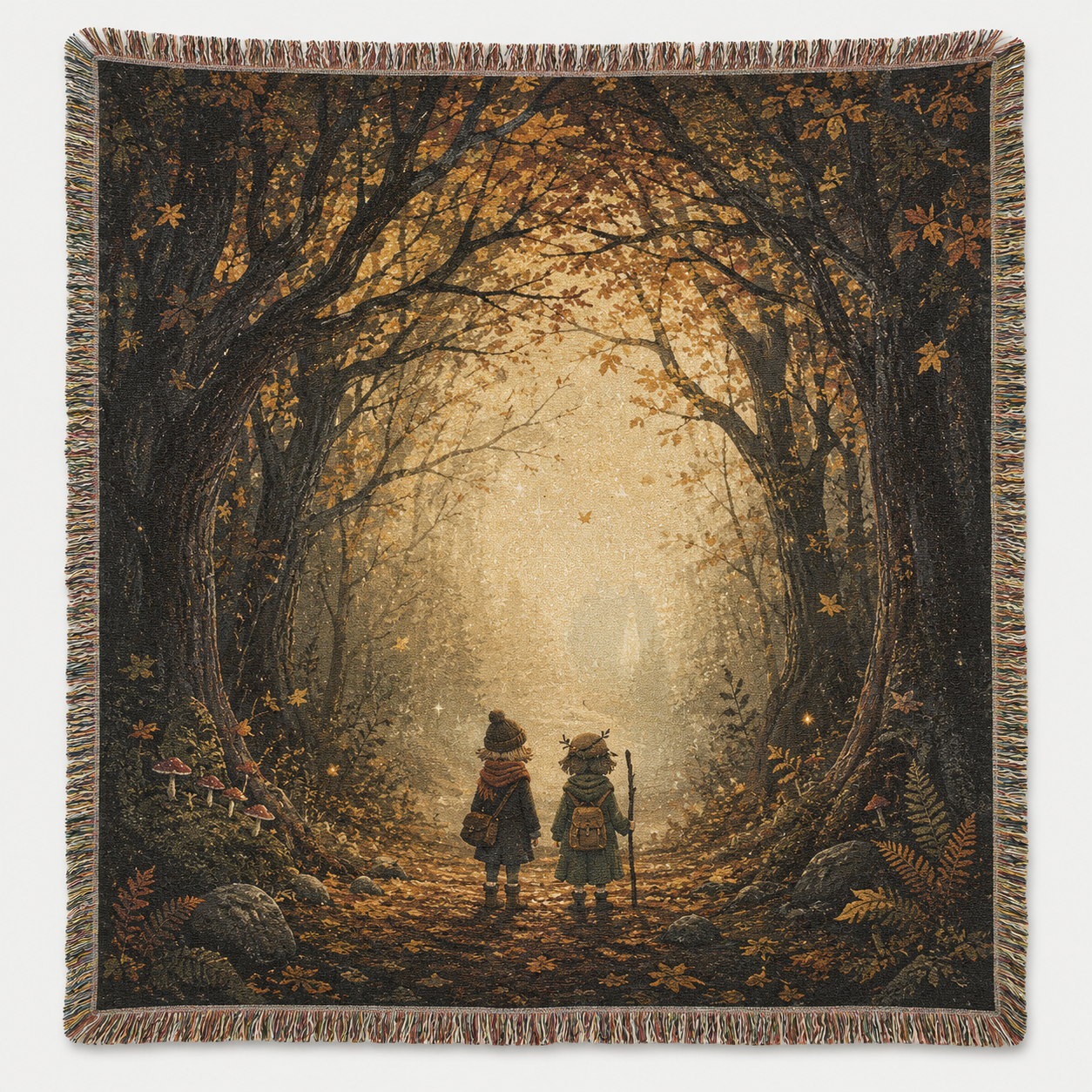 Personalized enchanted autumn forest woven blanket with two woodland adventurers and multicolor fringe