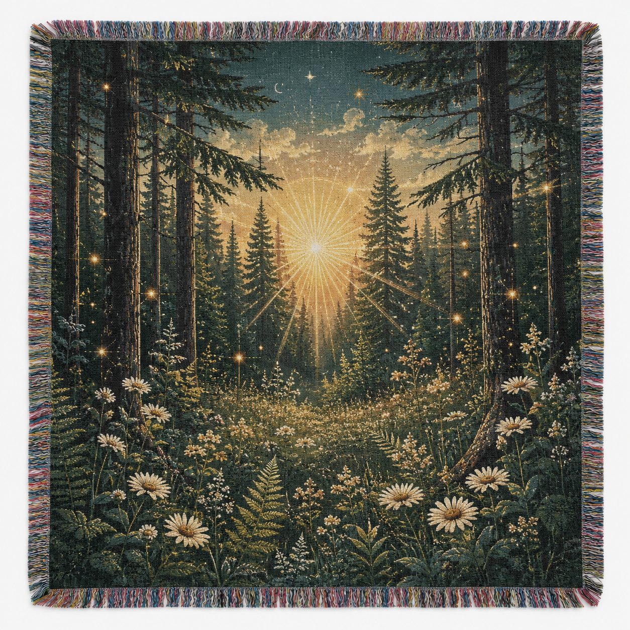 Personalized enchanted forest sunburst woven blanket with wildflowers and multicolor fringe